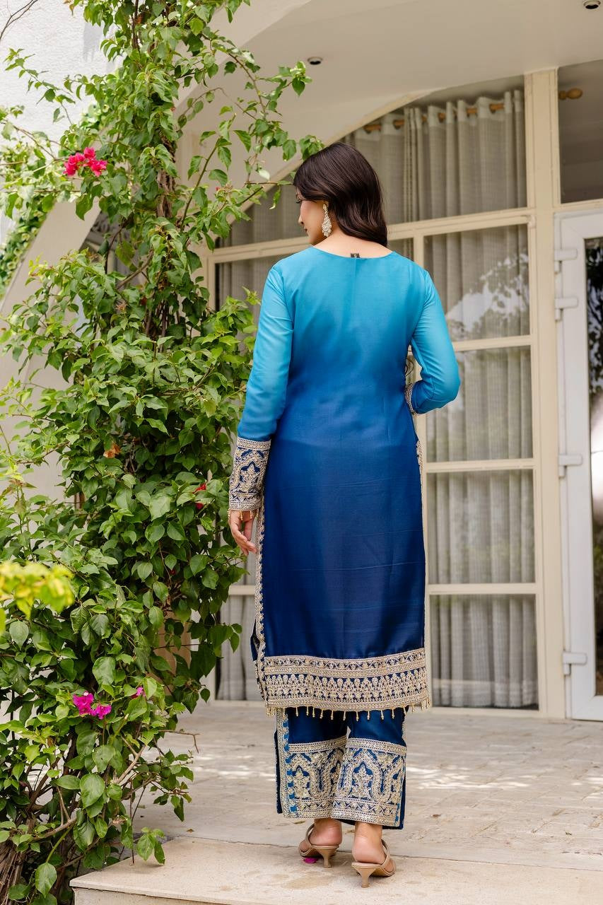 Awesome Royal Blue pedding Embroidery Sequence Work Festival Wear Pant Suit
