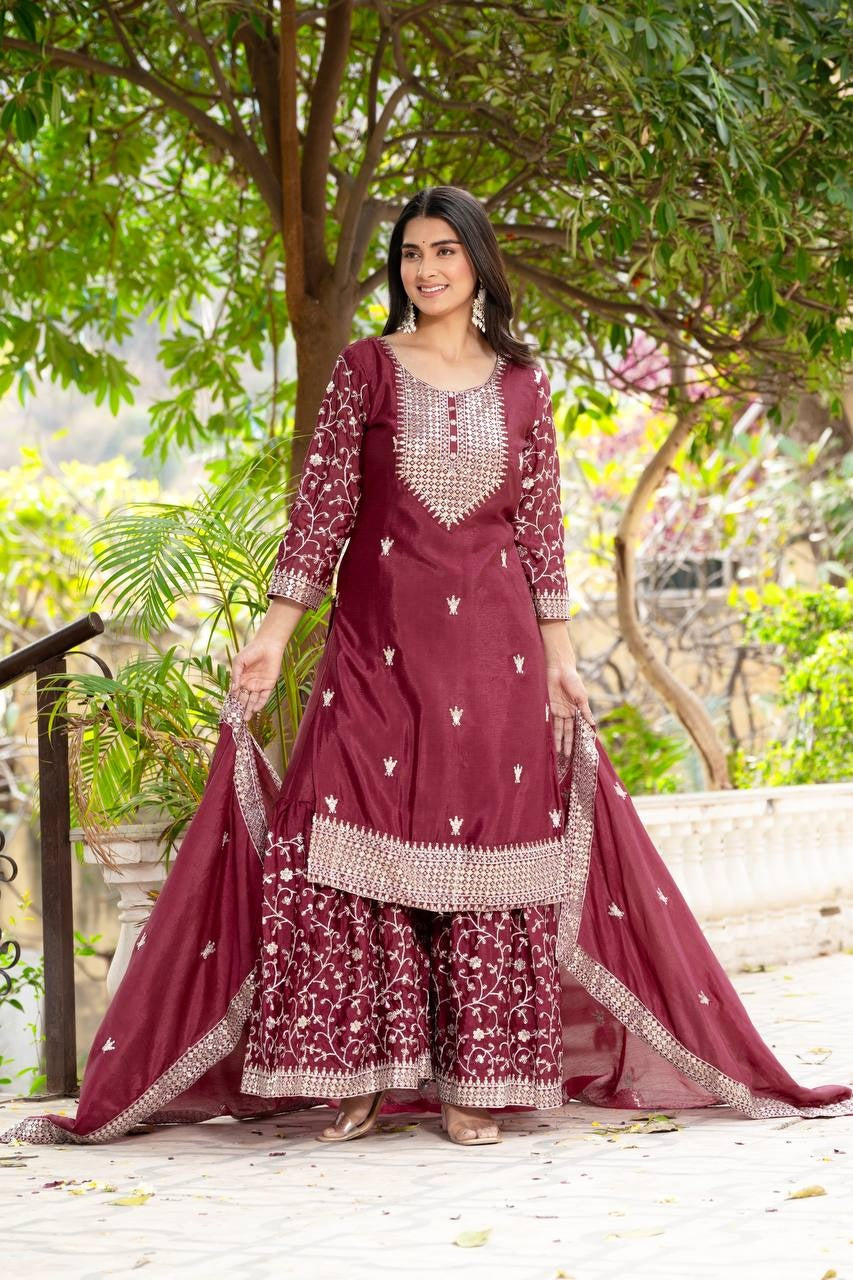 Adorable Maroon Chinon Sequence Embroidery Wedding Wear Sharara Suit With Dupatta