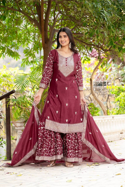Adorable Maroon Chinon Sequence Embroidery Wedding Wear Sharara Suit With Dupatta