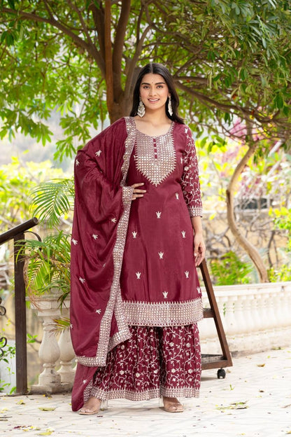 Adorable Maroon Chinon Sequence Embroidery Wedding Wear Sharara Suit With Dupatta