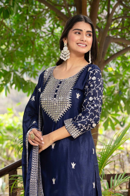 Enchanting Navy Blue Chinon Sequence Embroidery Wedding Wear Sharara Suit With Dupatta