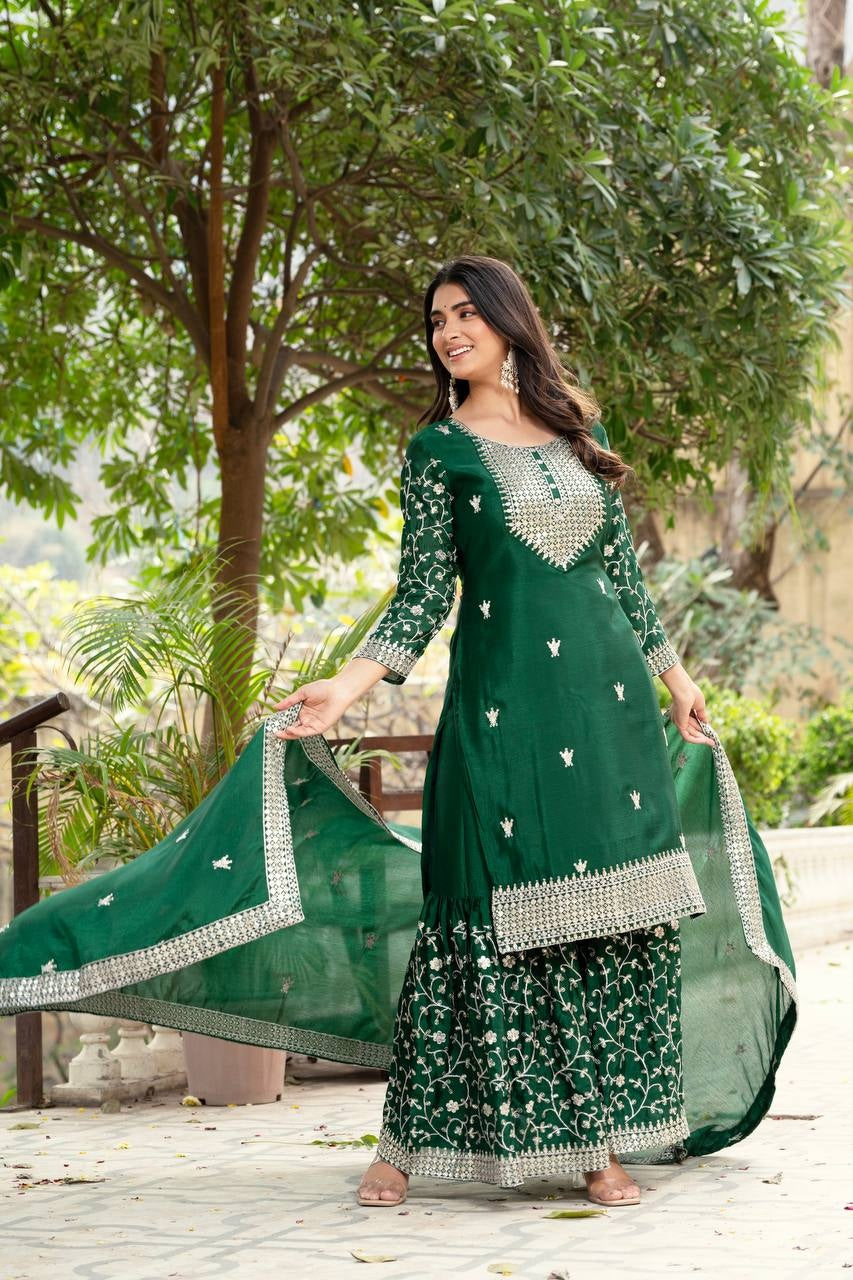 Incredible Bottel Green Chinon Sequence Embroidery Festive Wear Sharara Suit With Dupatta