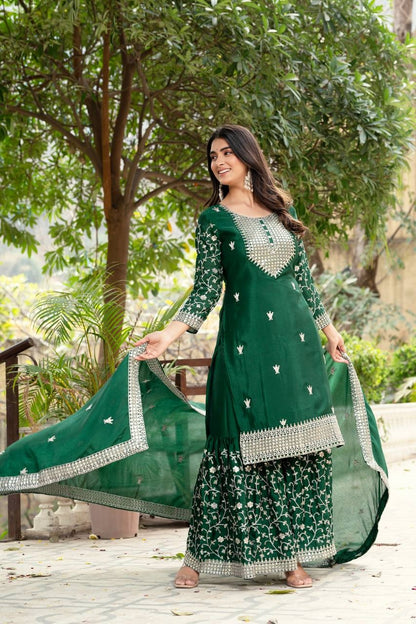 Incredible Bottel Green Chinon Sequence Embroidery Festive Wear Sharara Suit With Dupatta