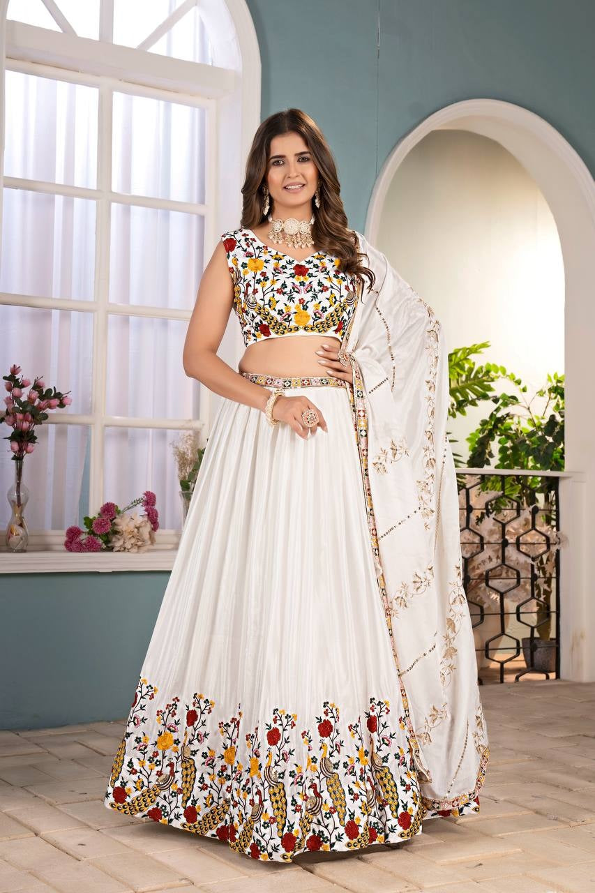 Attrative White chinon Multicolor Embroidered Sequence Designer Lehnge Choli With Dupatta