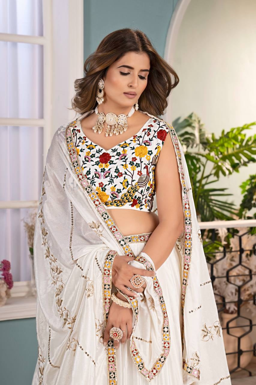 Attrative White chinon Multicolor Embroidered Sequence Designer Lehnge Choli With Dupatta