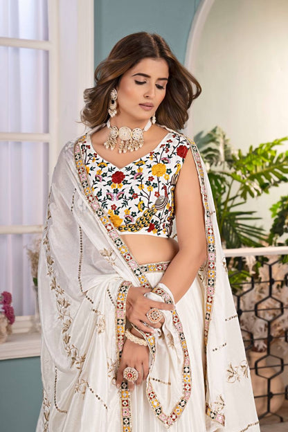 Attrative White chinon Multicolor Embroidered Sequence Designer Lehnge Choli With Dupatta