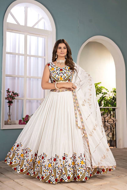 Attrative White chinon Multicolor Embroidered Sequence Designer Lehnge Choli With Dupatta