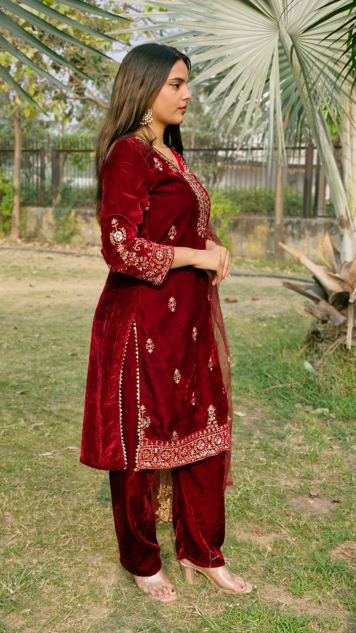 Beautiful Viscos Velvet Maroon Embroidery Sequnece Wedding Wear Designer Salwar Suit with Net Dupatta