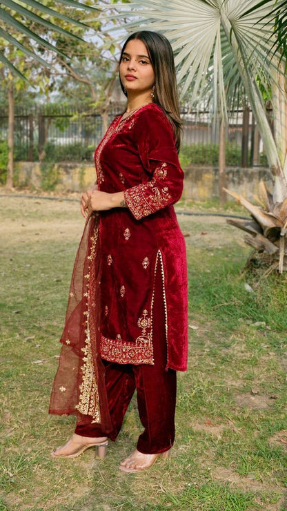 Beautiful Viscos Velvet Maroon Embroidery Sequnece Wedding Wear Designer Salwar Suit with Net Dupatta