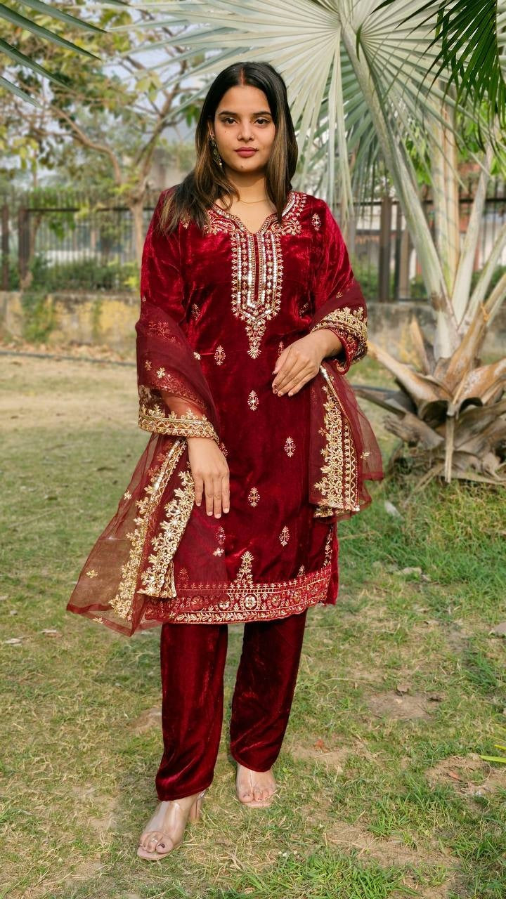 Beautiful Viscos Velvet Maroon Embroidery Sequnece Wedding Wear Designer Salwar Suit with Net Dupatta