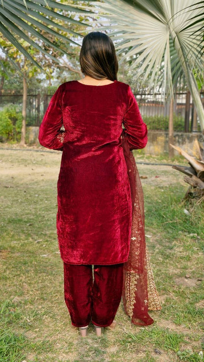 Beautiful Viscos Velvet Maroon Embroidery Sequnece Wedding Wear Designer Salwar Suit with Net Dupatta