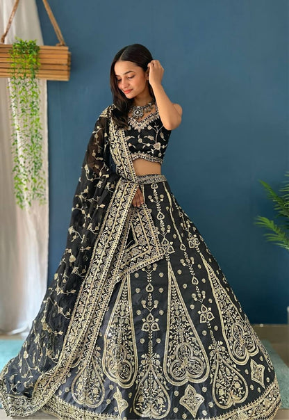 Stunning Black And Gold Embroidered Designer Party Wear Lehenga Choli With Dupatta