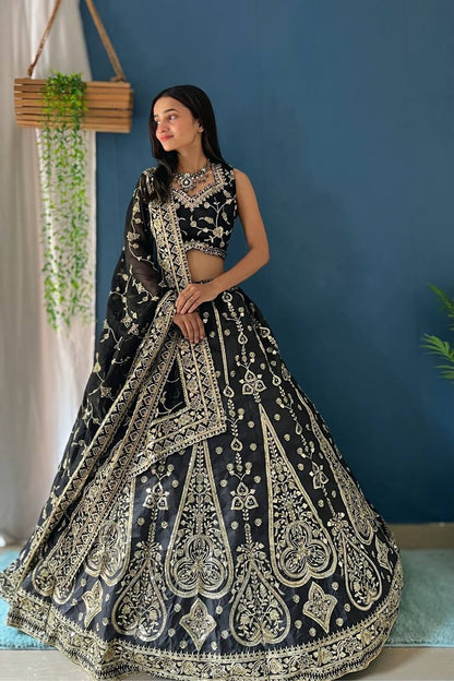 Stunning Black And Gold Embroidered Designer Party Wear Lehenga Choli With Dupatta