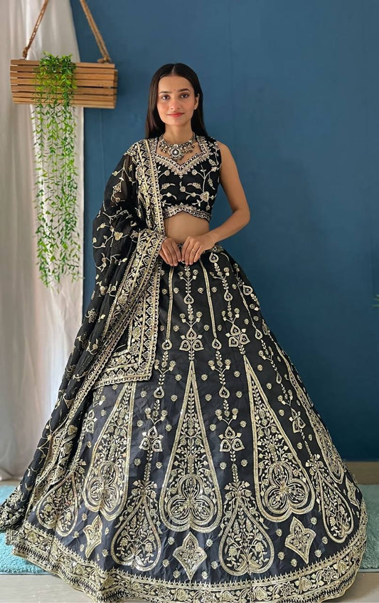 Stunning Black And Gold Embroidered Designer Party Wear Lehenga Choli With Dupatta