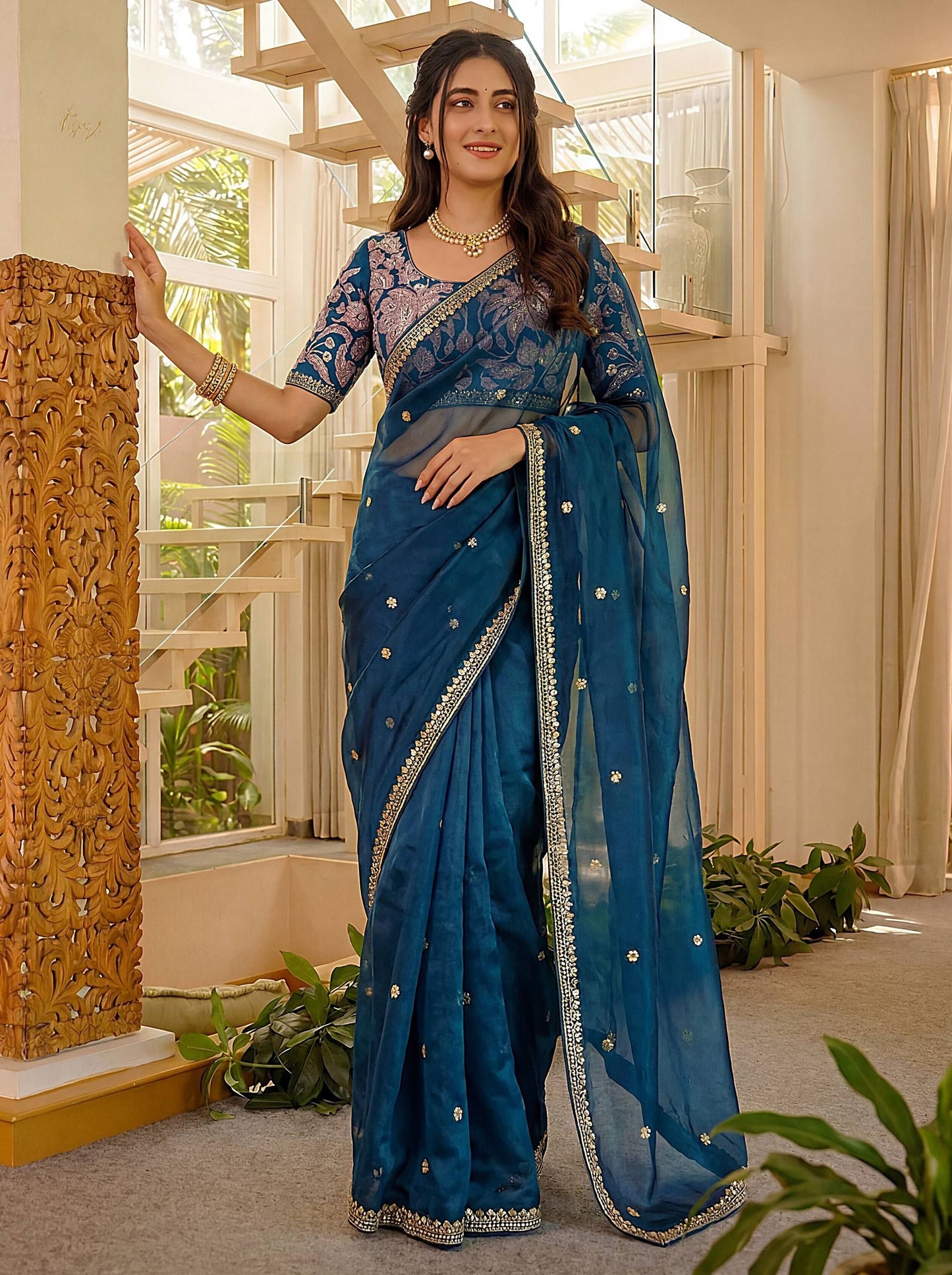 Royalty Embellished Blue Jimmy Choo Embroidered Sequence Thread Party Wear Saree With Blouse