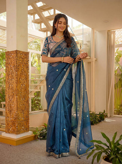 Royalty Embellished Blue Jimmy Choo Embroidered Sequence Thread Party Wear Saree With Blouse