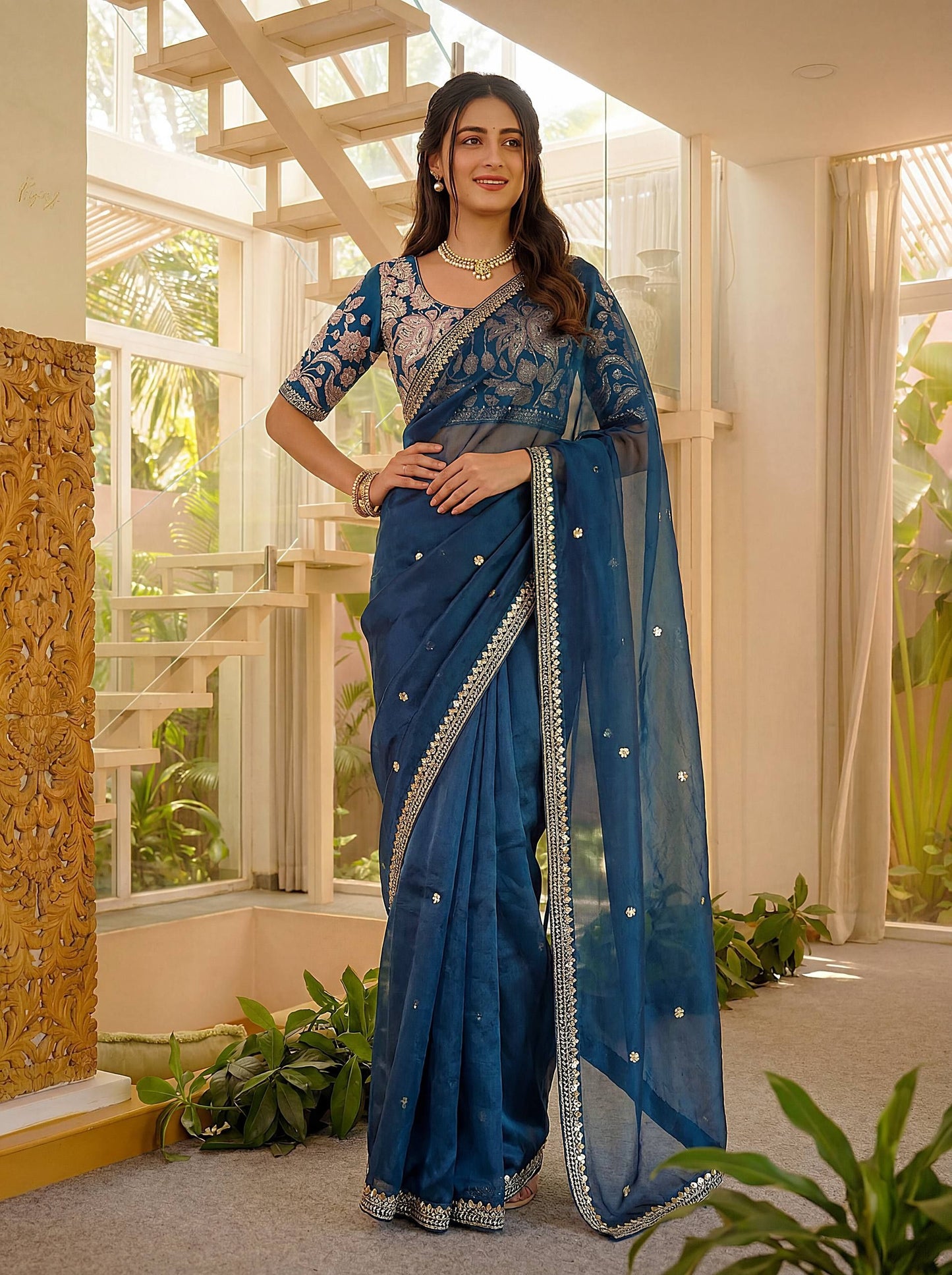 Royalty Embellished Blue Jimmy Choo Embroidered Sequence Thread Party Wear Saree With Blouse