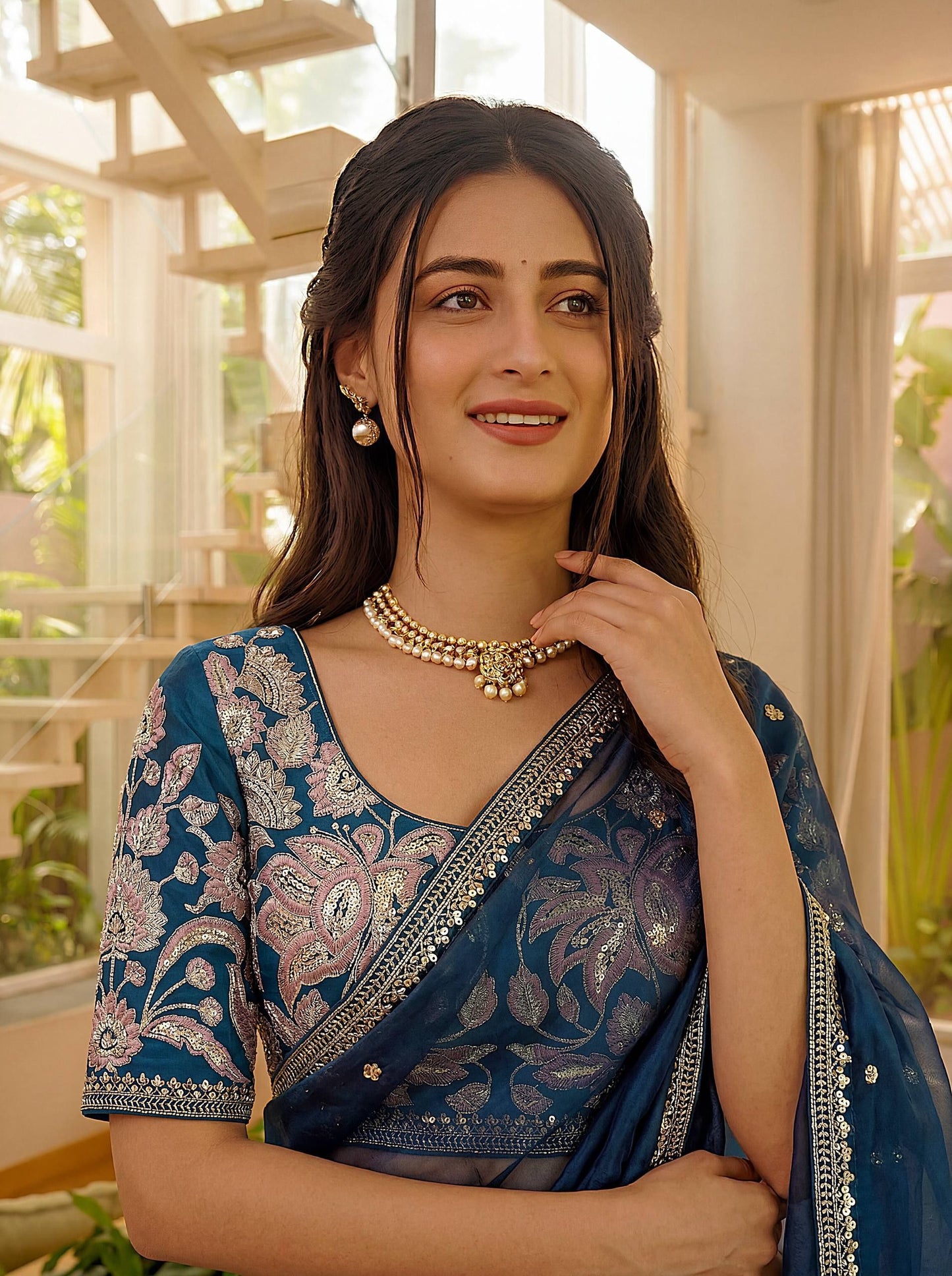Royalty Embellished Blue Jimmy Choo Embroidered Sequence Thread Party Wear Saree With Blouse