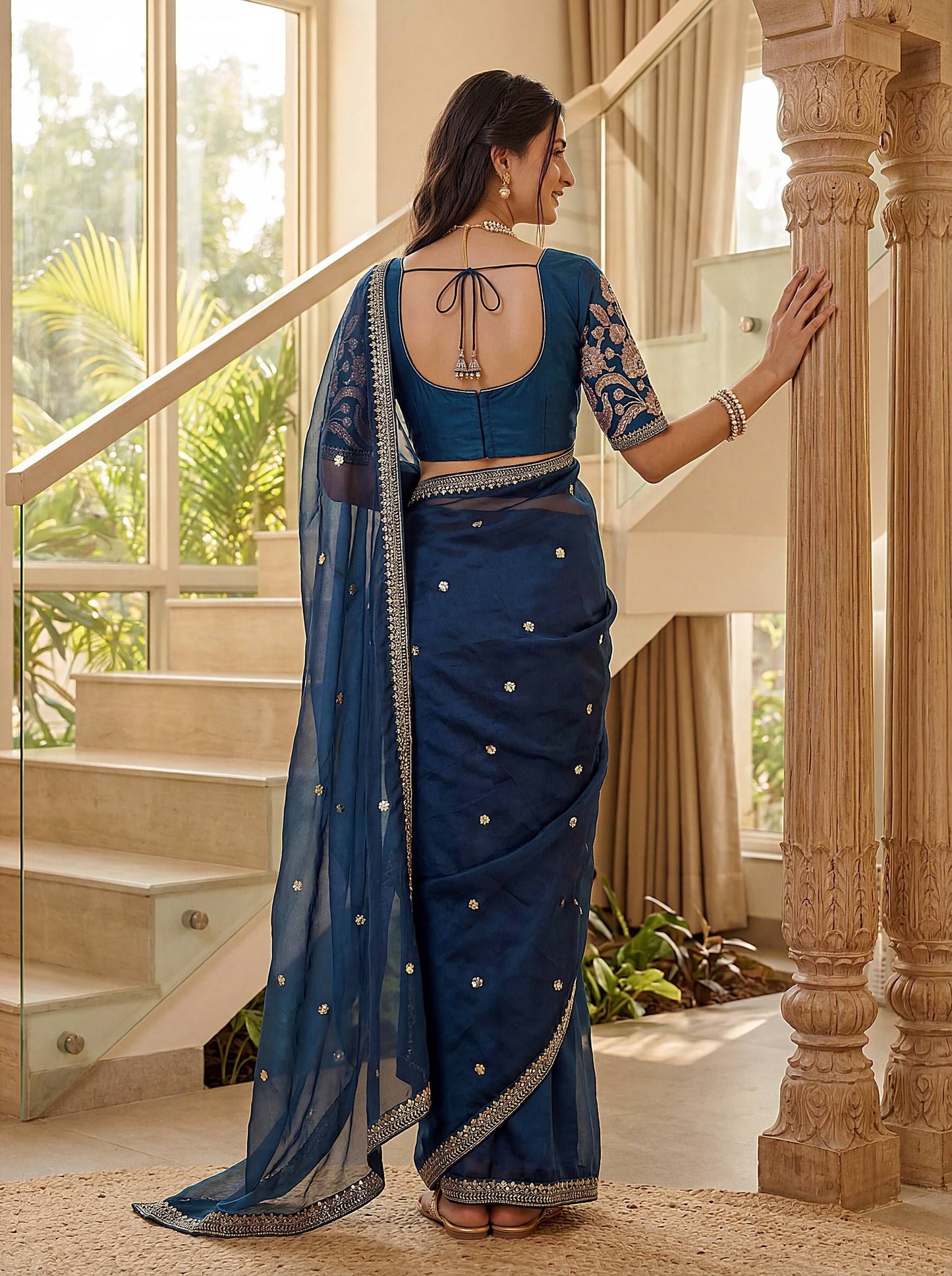 Royalty Embellished Blue Jimmy Choo Embroidered Sequence Thread Party Wear Saree With Blouse