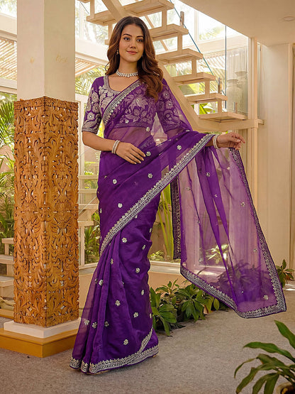 Royalty Embellished Purple Jimmy Choo Embroidered Sequence Thread Party Wear Saree With Blouse