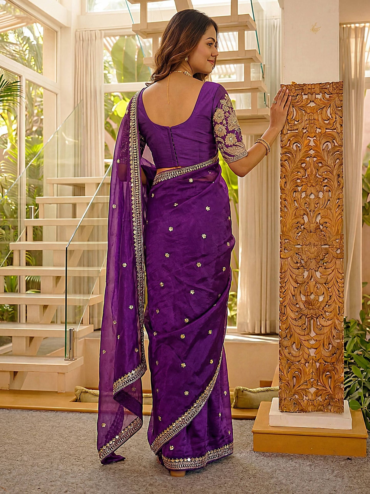 Royalty Embellished Purple Jimmy Choo Embroidered Sequence Thread Party Wear Saree With Blouse