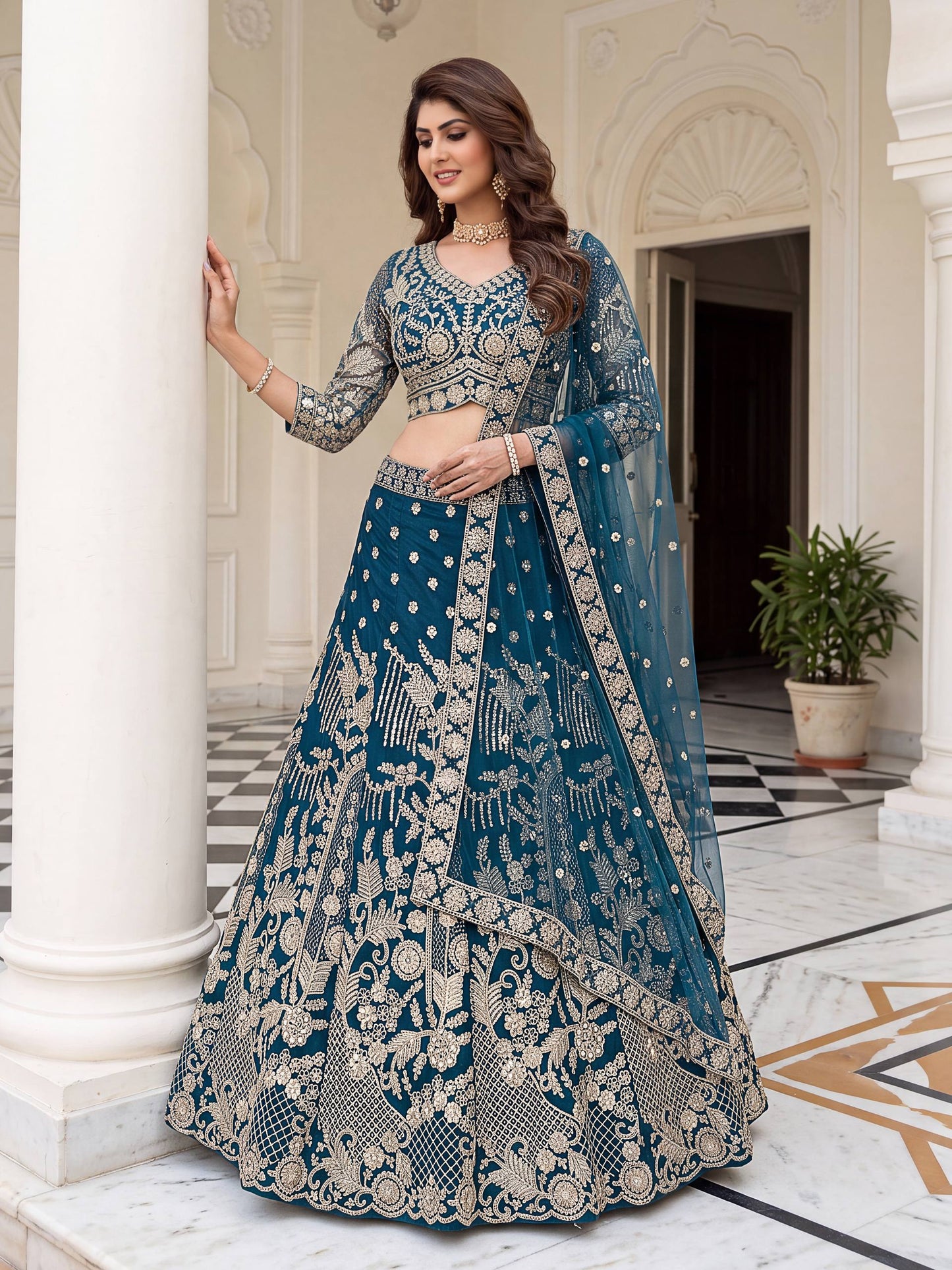 Teal blue designer bridal chaniya choli