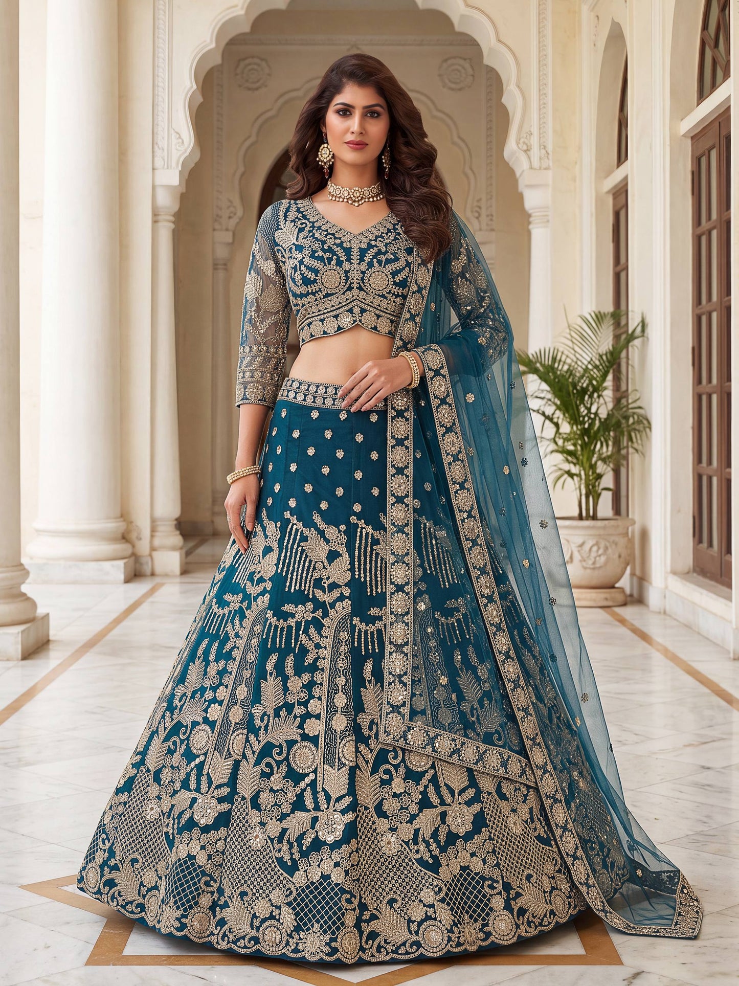 Teal blue designer bridal chaniya choli