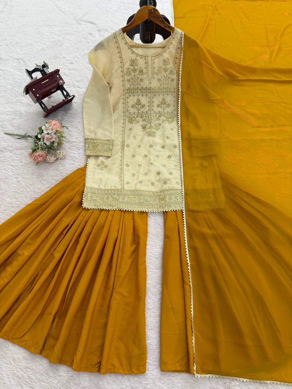 Fully Stiched Beige Colour Thread with Sequnce Sharara Suit