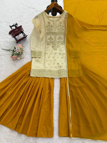 Fully Stiched Beige Colour Thread with Sequnce Sharara Suit