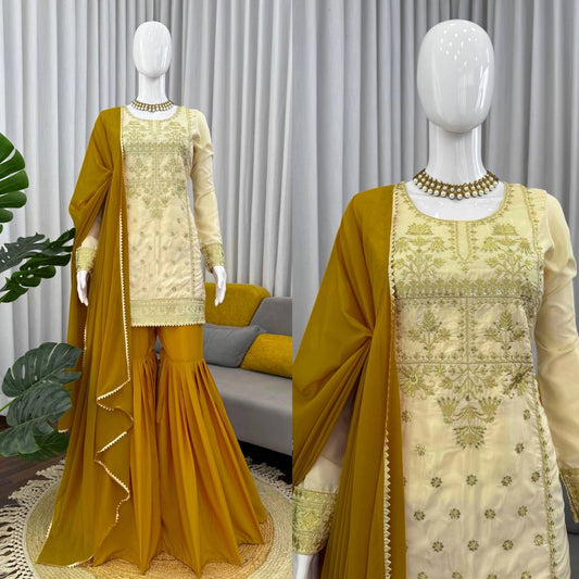Fully Stiched Beige Colour Thread with Sequnce Sharara Suit