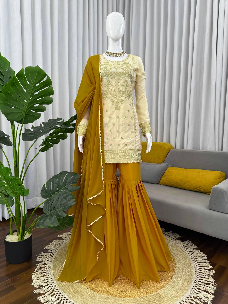 Fully Stiched Beige Colour Thread with Sequnce Sharara Suit