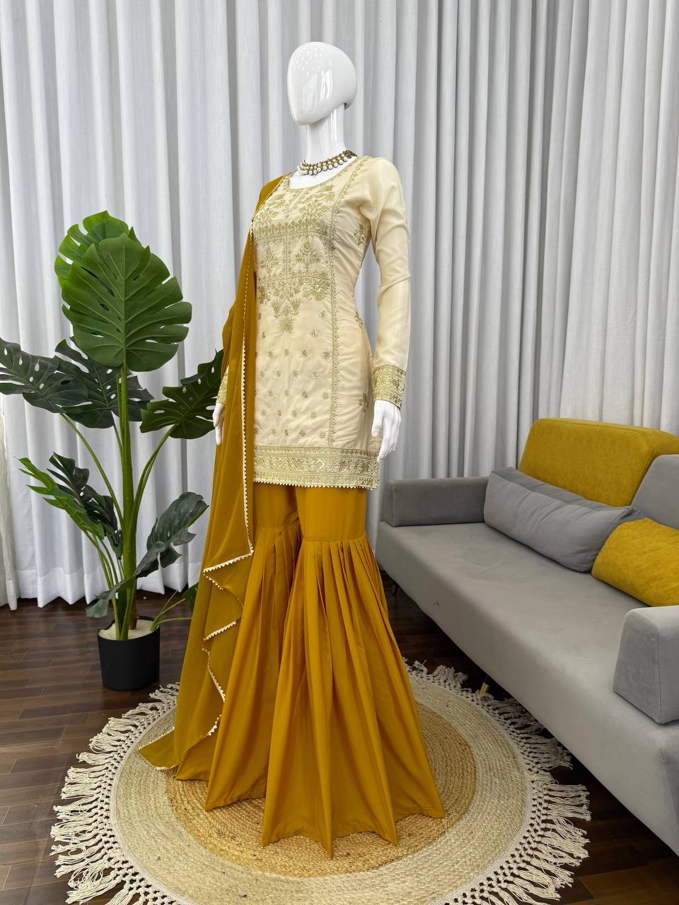 Fully Stiched Beige Colour Thread with Sequnce Sharara Suit