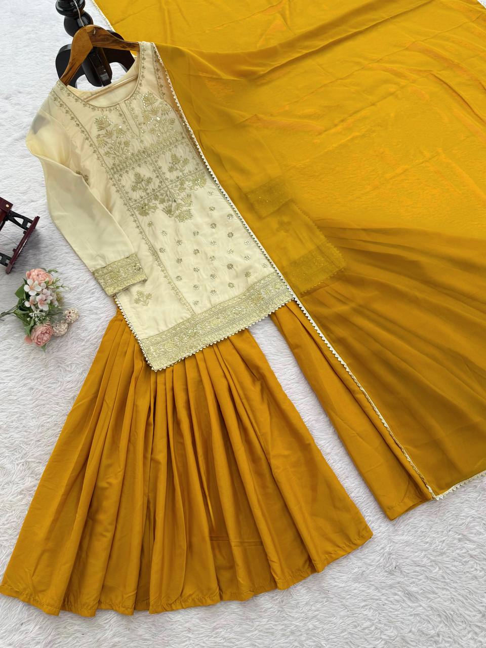 Fully Stiched Beige Colour Thread with Sequnce Sharara Suit