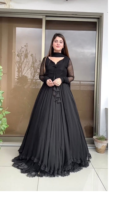 Function Wear Black Color Georgette Plain Gown For Women