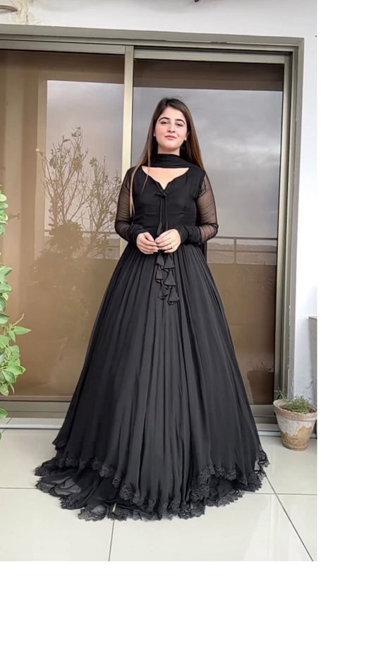 Function Wear Black Color Georgette Plain Gown For Women