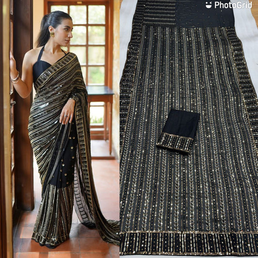 Gold Sequence Work Black Georgette Party Wear Saree