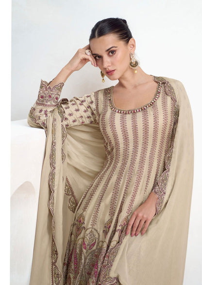 Cream Color Georgette Fully Stitched Chain Work Sharara Suit