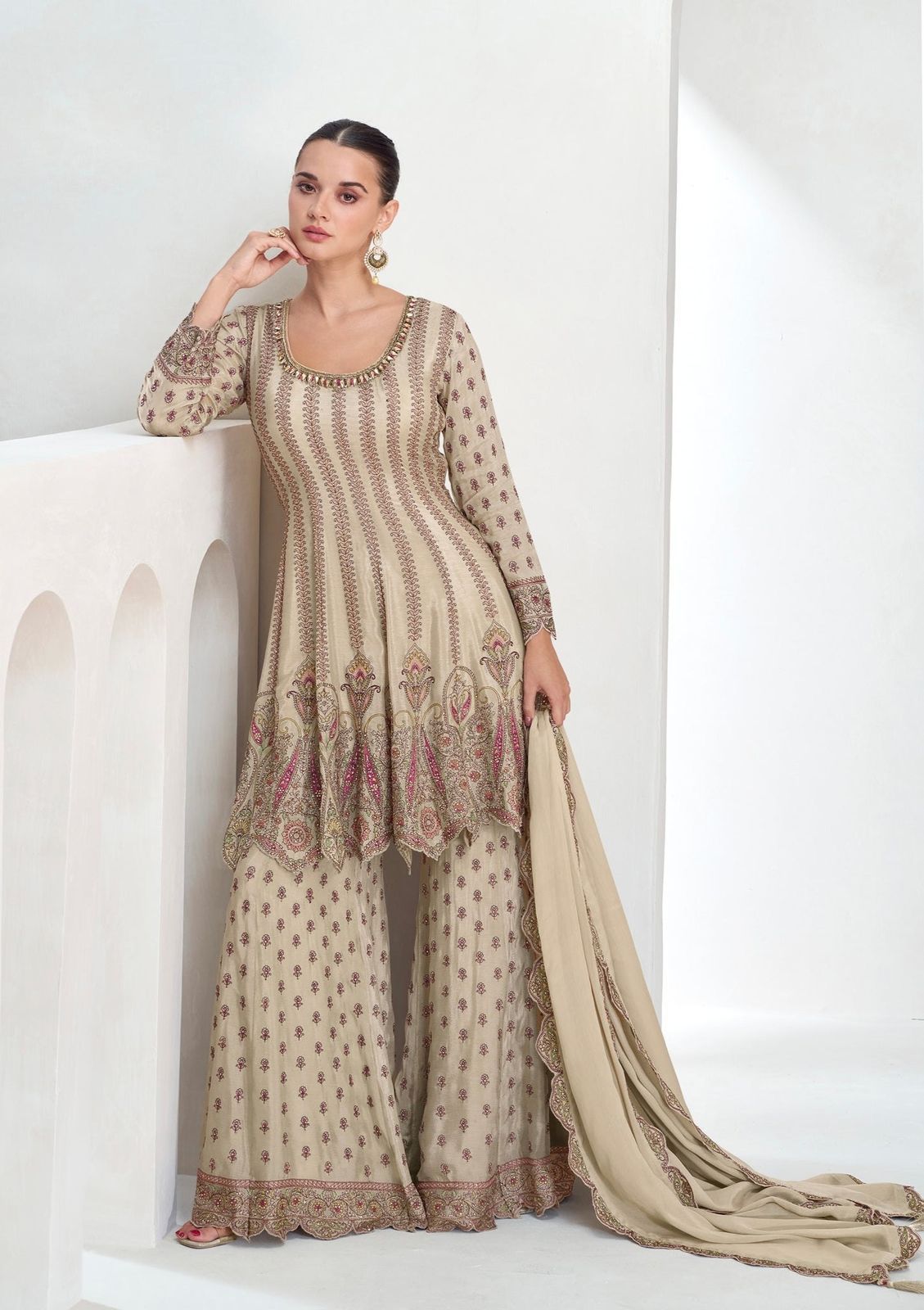 Cream Color Georgette Fully Stitched Chain Work Sharara Suit