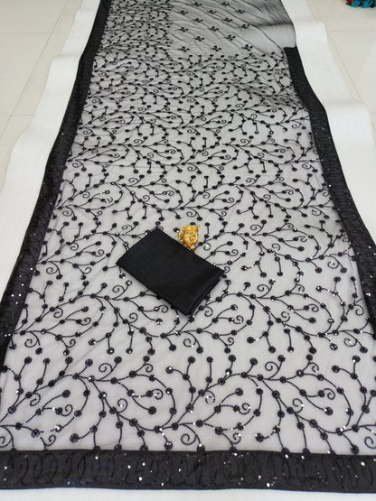 Wedding Wear Black Soft Net Embroidered Saree Blouse