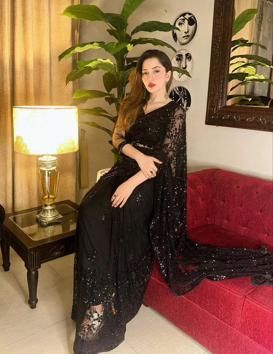 Wedding Wear Black Soft Net Embroidered Saree Blouse