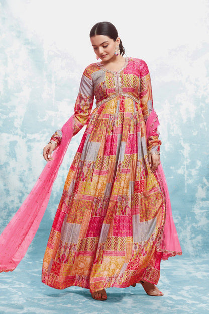 Multi Color Cotton Digital Printed Gown With Dupatta