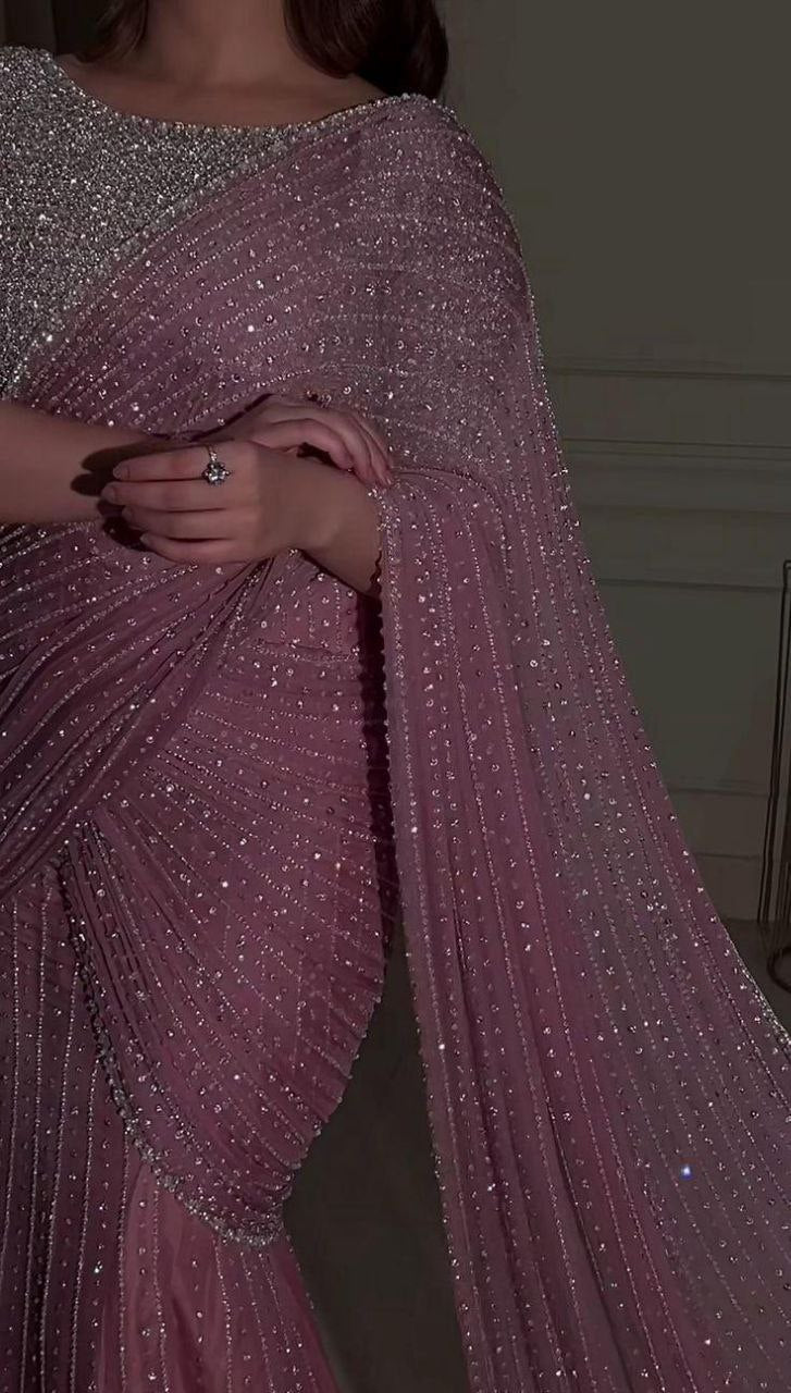 Party Wear Georgette Saree With Heavy Sequins Embroidery