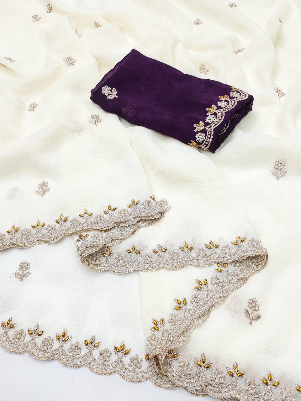 Crunchy Silk Heavy Embroidery & Moti Pearls Handwork Saree Blouse
