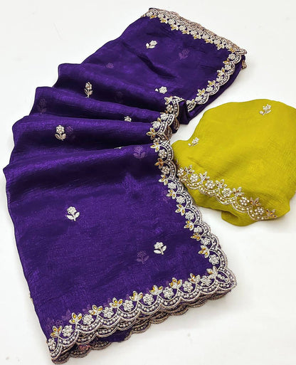 Crunchy Silk Heavy Embroidery & Moti Pearls Handwork Saree Blouse