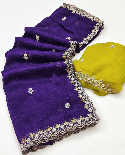 Crunchy Silk Heavy Embroidery & Moti Pearls Handwork Saree Blouse