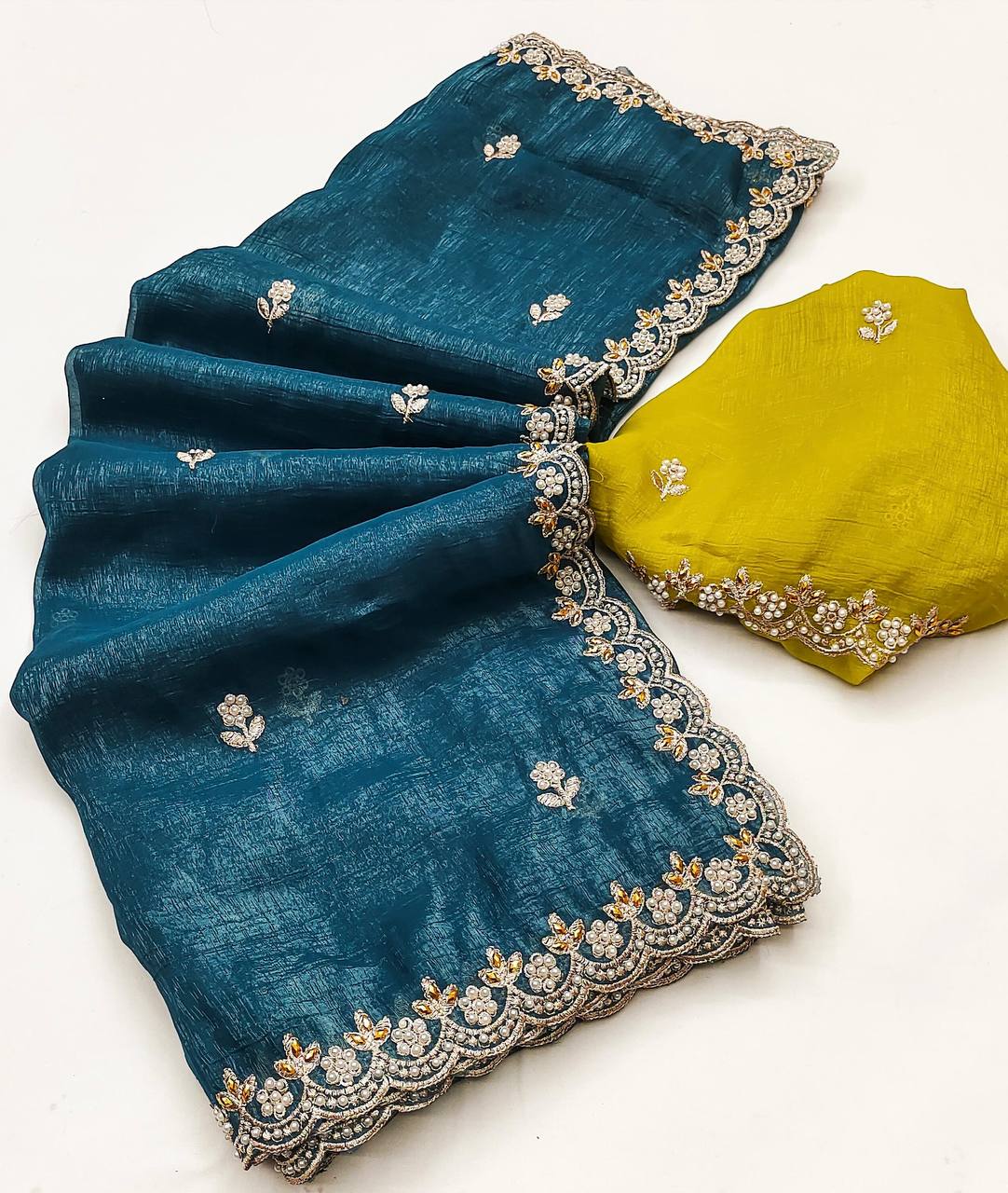 Crunchy Silk Heavy Embroidery & Moti Pearls Handwork Saree Blouse