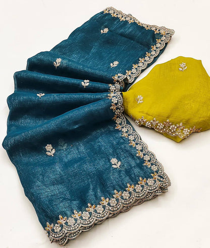 Crunchy Silk Heavy Embroidery & Moti Pearls Handwork Saree Blouse