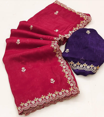 Crunchy Silk Heavy Embroidery & Moti Pearls Handwork Saree Blouse