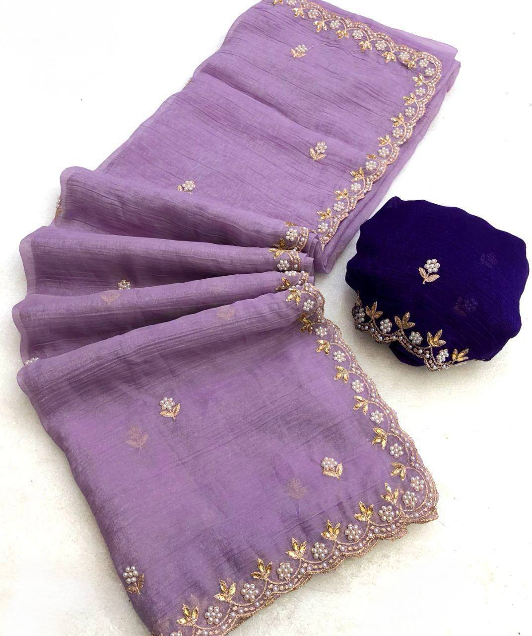 Crunchy Silk Heavy Embroidery & Moti Pearls Handwork Saree Blouse
