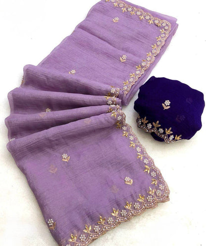 Crunchy Silk Heavy Embroidery & Moti Pearls Handwork Saree Blouse